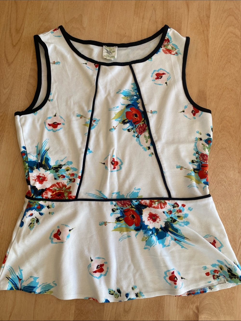 Anthropologie Cream Floral Peplum top with Black Piping